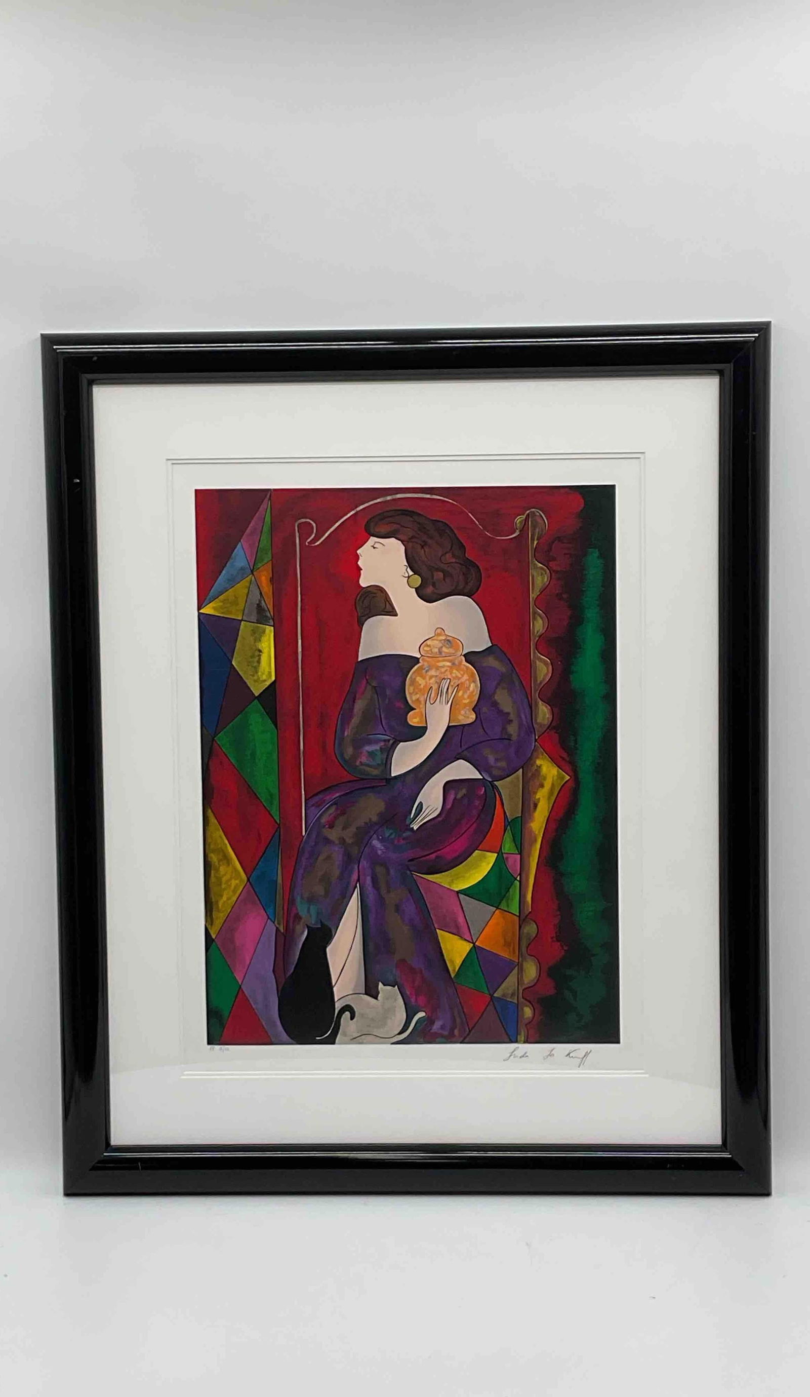 "La Vase Gien" by Linda Le Kinff (France, b.1949) Serigraph: Description: Expressionist portrait of a woman in a holding a vase, surrounded by fiery red and orange hues with accents of purple and yellow. Known for her rich use of color and stylized figures, Le