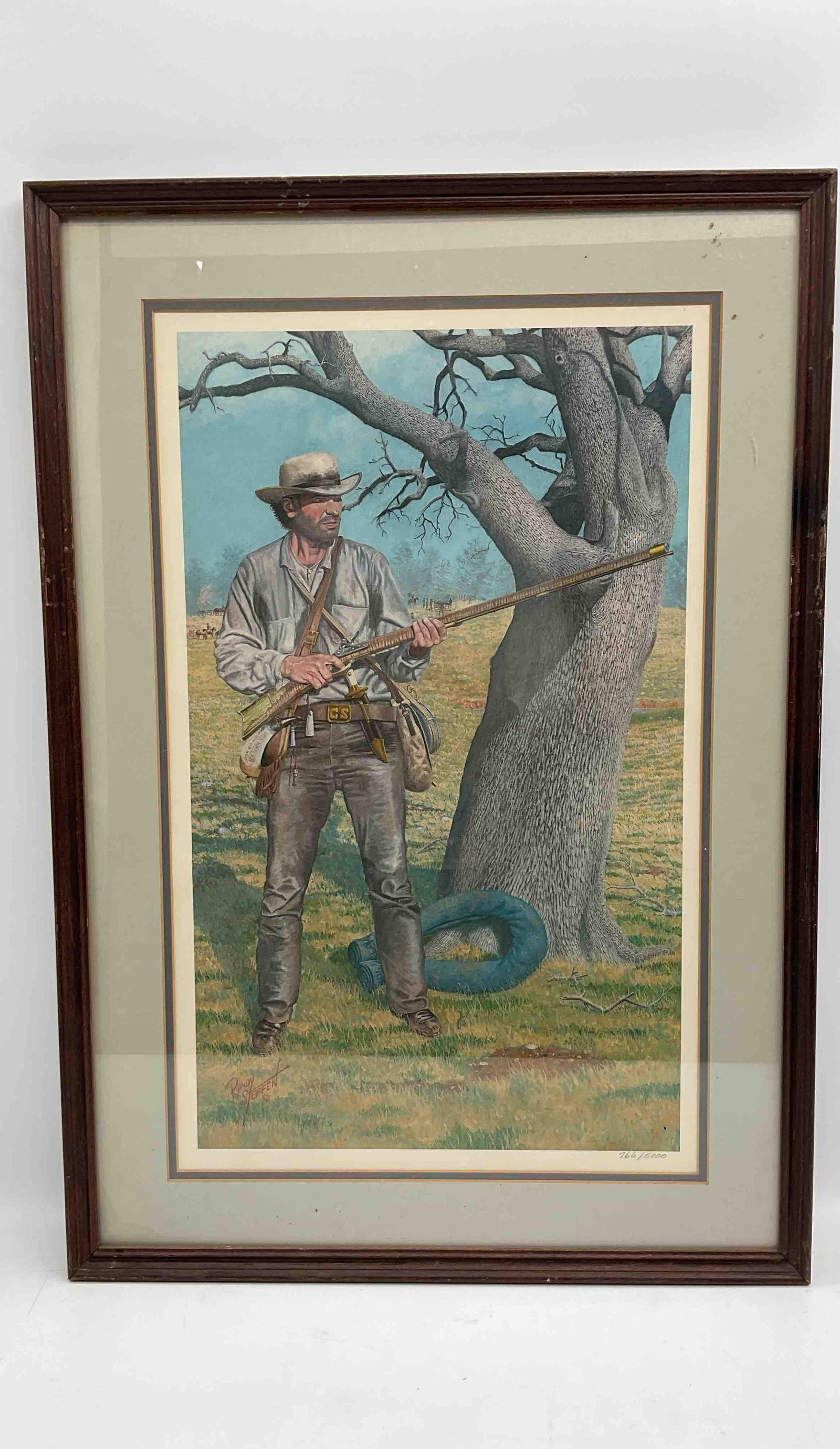 Randy Steffen “Private 12th Tennessee Volunteer Infantry, Battle of Shiloh, April 6, 1862: Limited edition print by Randy Steffen depicting a Confederate soldier of the 12th Tennessee Volunteer Infantry during the Battle of Shiloh. Edition number 766/5000, presented matted and framed. Mediu