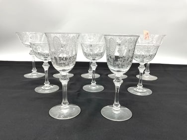 Set of 10 Etched Crystal Stemware Glasses