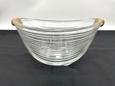 Ribbed Glass Bowl with Gold-Tone Dolphin Handles