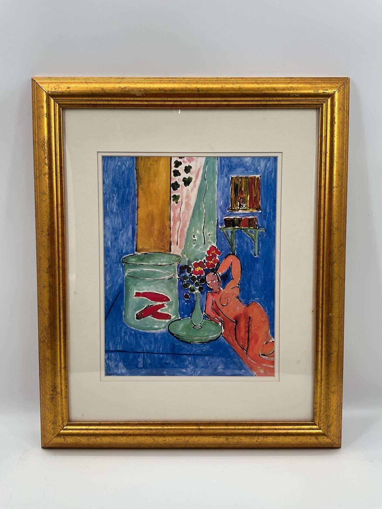 Poissons Rouge et Sculpture by Henri Matisse (after) Lithograph: Description: A vibrant composition reminiscent of Henri Matisse s Fauvist style, featuring a reclining nude figure beside a green vase of flowers within a richly colored interior. Bold, flattened shap