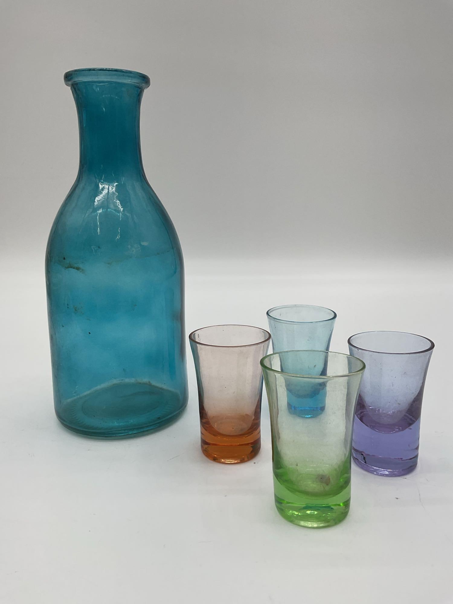 Blue Glass Decanter with Multicolor Shot Glasses (1 of 2)