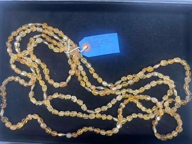 Pair of Long Citrine and Brass Bead Necklaces