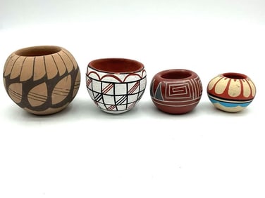 Set of Four Jemez Pottery Miniature Vessel Set Vintage Signed