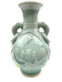 Celadon Vase with Twin Handles and Floral Relief – Marked Base