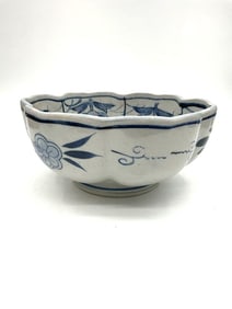 Fitz and Floyd Canton Blue Gray Lobe Bowl Marked Qinghua
