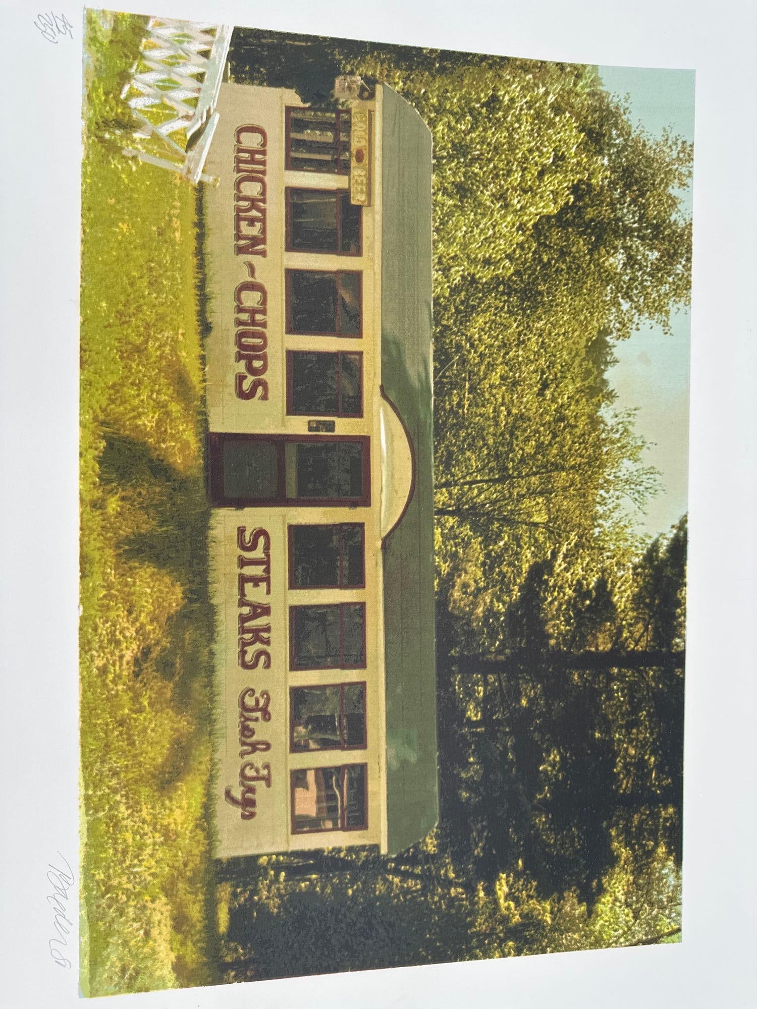 John Baeder Chicken Chops H/S Numbered Photorealist ART: Colorized image of a converted train car diner with signs reading chicken chops and steaks, set in a wooded area Artist: John Baeder Title: Chicken Chops Medium: Screenprint <