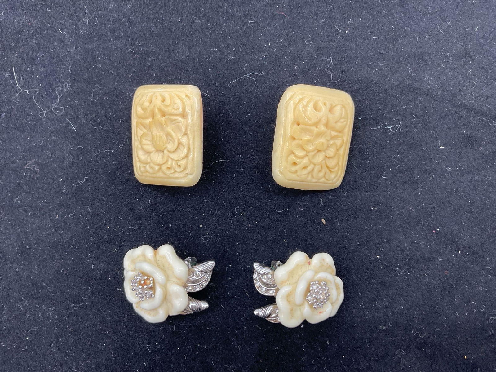 Pairs Vintage Clip-On Earrings – Carved Floral & Geometric Designs (1 of 2)