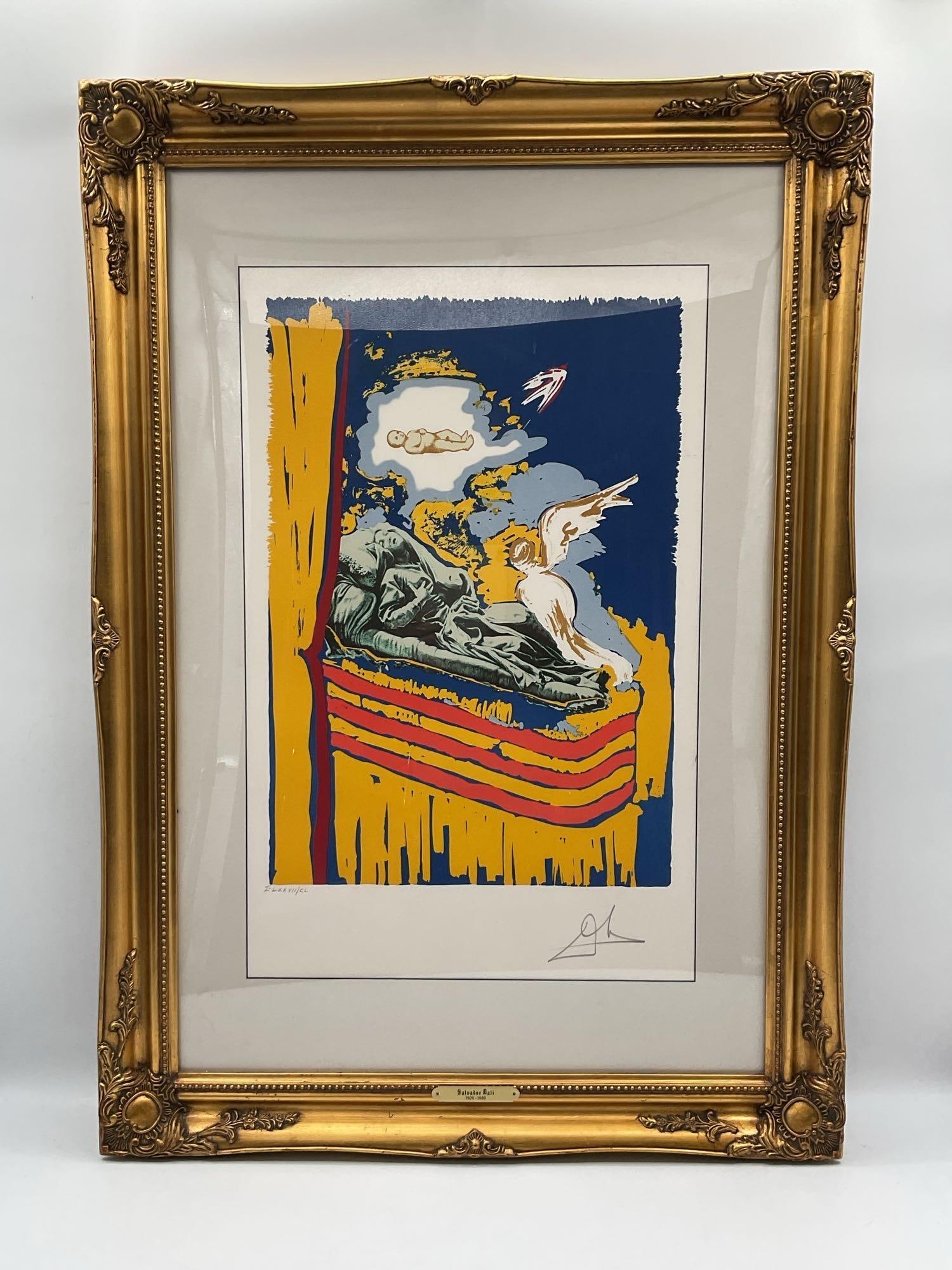 "The Immaculate Conception" by Salvador Dali (Spain, 1904-1989) Lithograph: Surrealist art by Salvador Dali depicting a dreamlike religious scene with reclining figures, floating infant, angel, and vivid symbolic elements. The title of the piece is "The Immaculate C