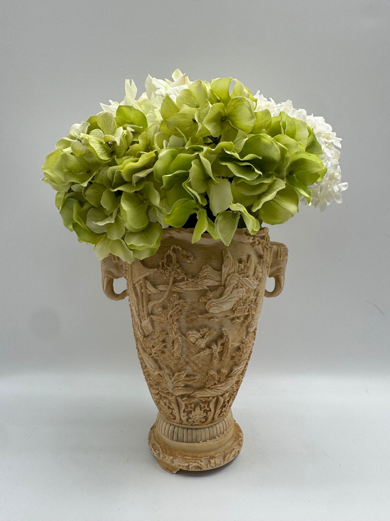 Carved Resin Vase with Handles and Relief Decoration (1 of 5)