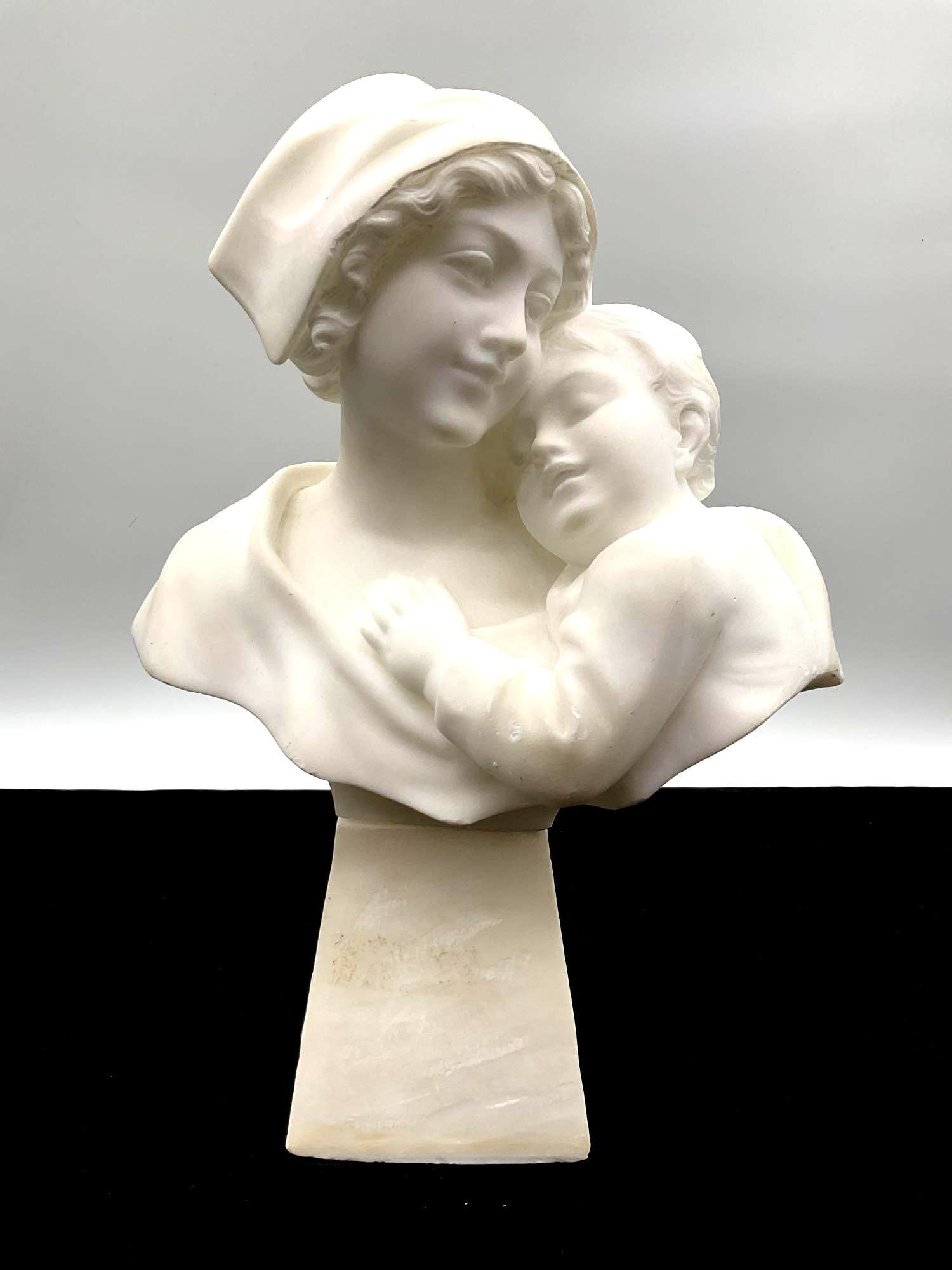 Carved White Marble Bust of Mother and Child - Italian, Signed (1 of 4)