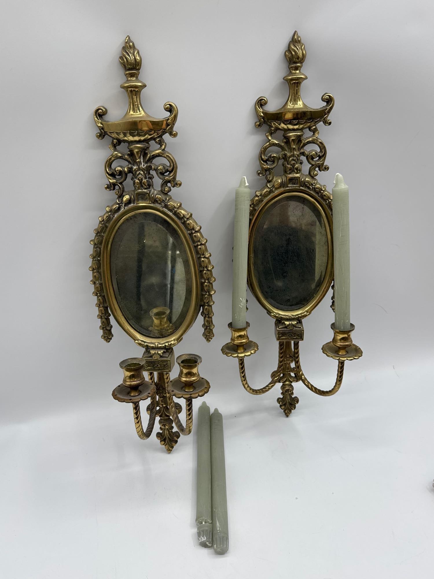 Pair of Antique Brass Mirrored Wall Sconces with Dual Candle Holders (1 of 3)