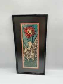 Helen Kleczynski 'Railroad Sunset' Woodblock Print