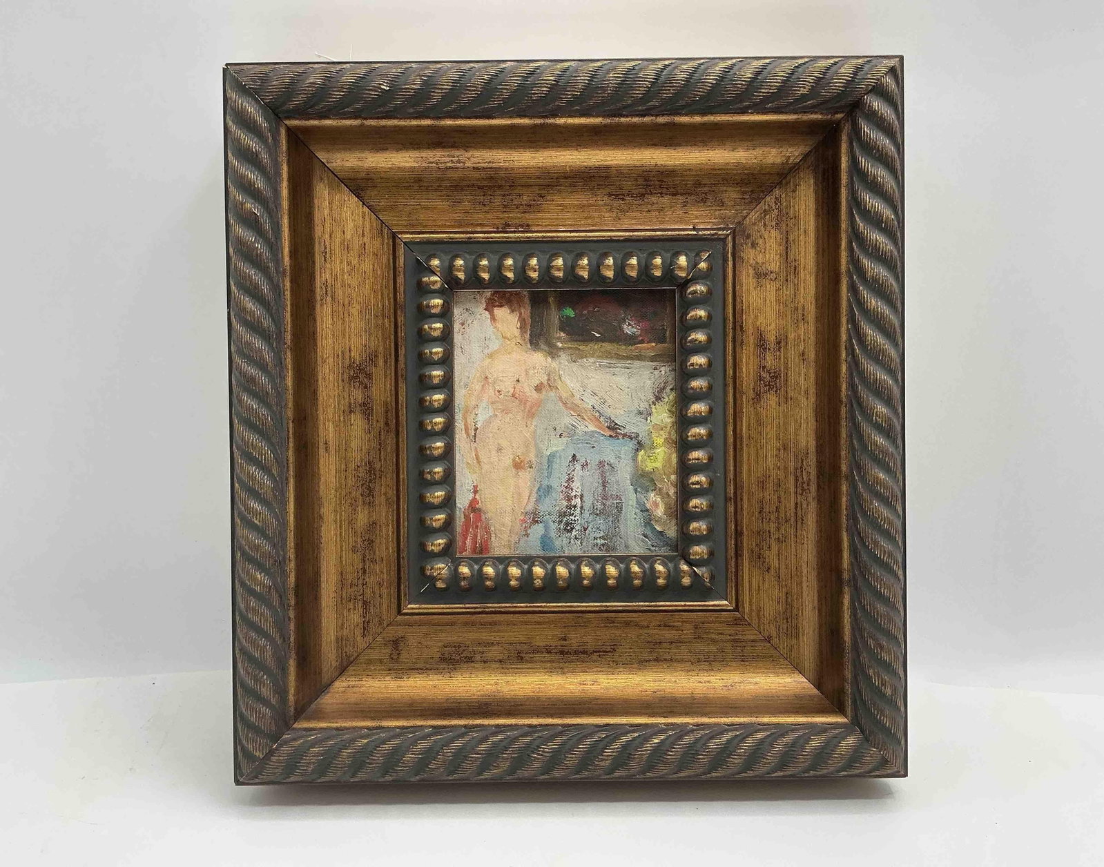 Seated Nude Interior Scene by Gabriel Spat (American, 1890-1967) Oil on Board: Intimate, expressive oil painting of a nude woman seated indoors, rendered in thick impasto with vibrant brushwork. The impressionistic composition is rich in texture and color, evoking a sense of spo