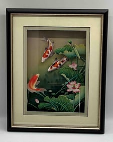 Framed Asian-Inspired Koi Fish and Lotus Print