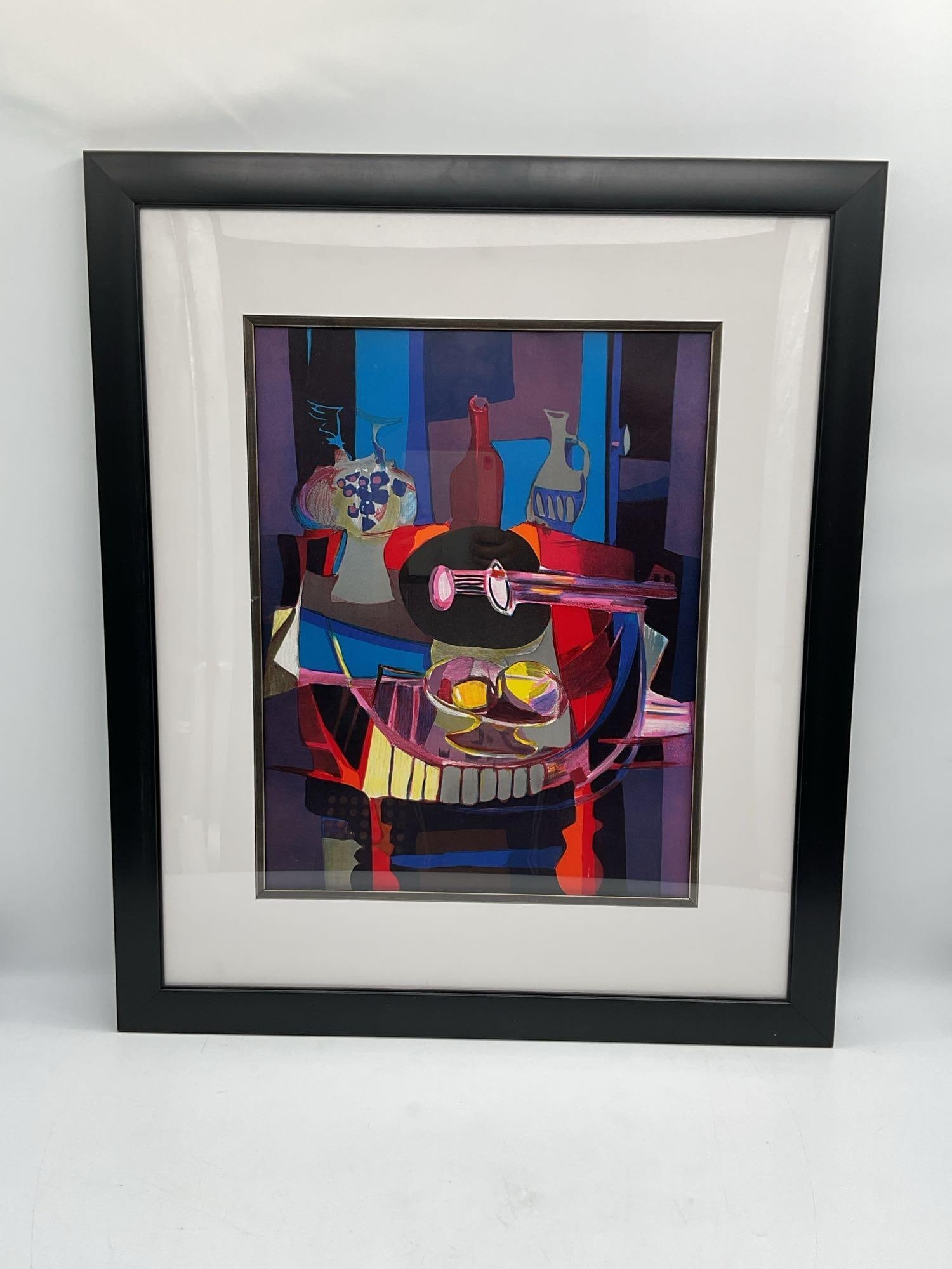 La Guitare Noire by Marcel Mouly (France, 1918-2008) Lithograph: Vibrant abstract lithograph by French artist Marcel Mouly titled La Guitare Noire (The Black Guitar). Executed in bold color with cubist influences, the piece depicts a stylized still life with a guit