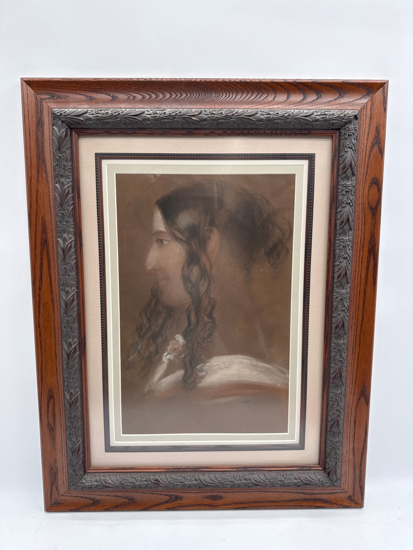 civil war era -Mid 1800s American Southern woman, gouache, attributed to Thomas Sully: Mid 1800s American Southern woman, gouache, attributed to Thomas Sully. The artwork features a woman with long, flowing hair, depicted in profile. The draw