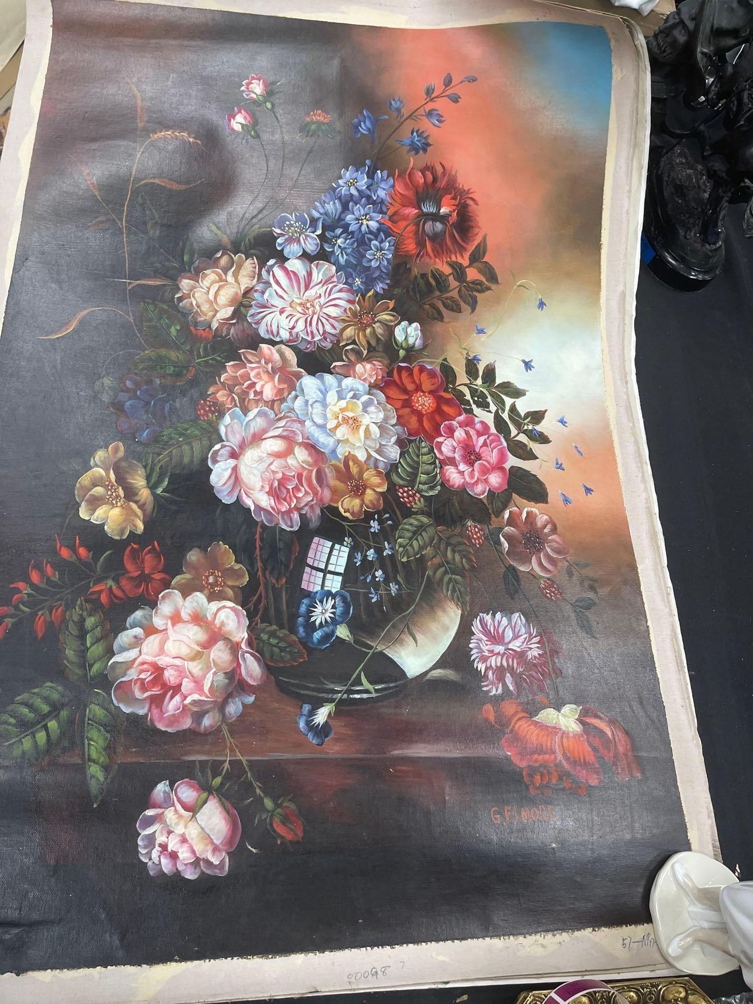 Floral Still Life in Ceramic Vase by G. Elmore: A vivid and finely detailed composition featuring an abundant bouquet of multicolored flowers including roses, peonies, and daisies, arranged in a ceramic vase with a reflective surface, set against a