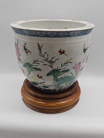 Large Chinese Porcelain Fish Bowl Planter on Stand