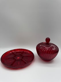 Vintage Ruby Red Glass Candy Dish and Serving Tray
