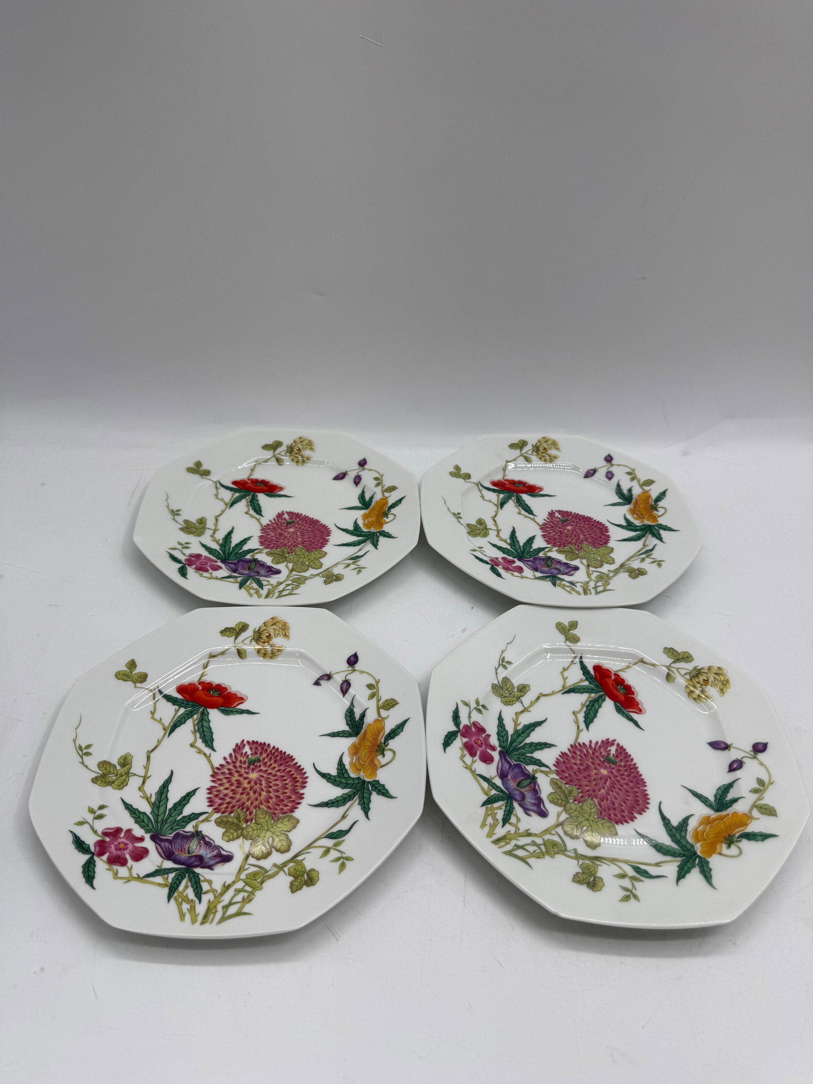 Set of Four A. Raynaud & Co Limoges Floral Plates: Set of four octagonal Limoges porcelain plates by A. Raynaud & Co. Each plate features a unique floral design. Each plate measures approximately 9 inches in diameter.
