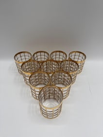 Set of 10 Mid-Century 22ct Gold Grid Pattern Tumblers