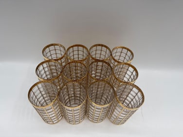 Set of 12 Mid-Century 22kt Gold Grid Pattern Tumblers