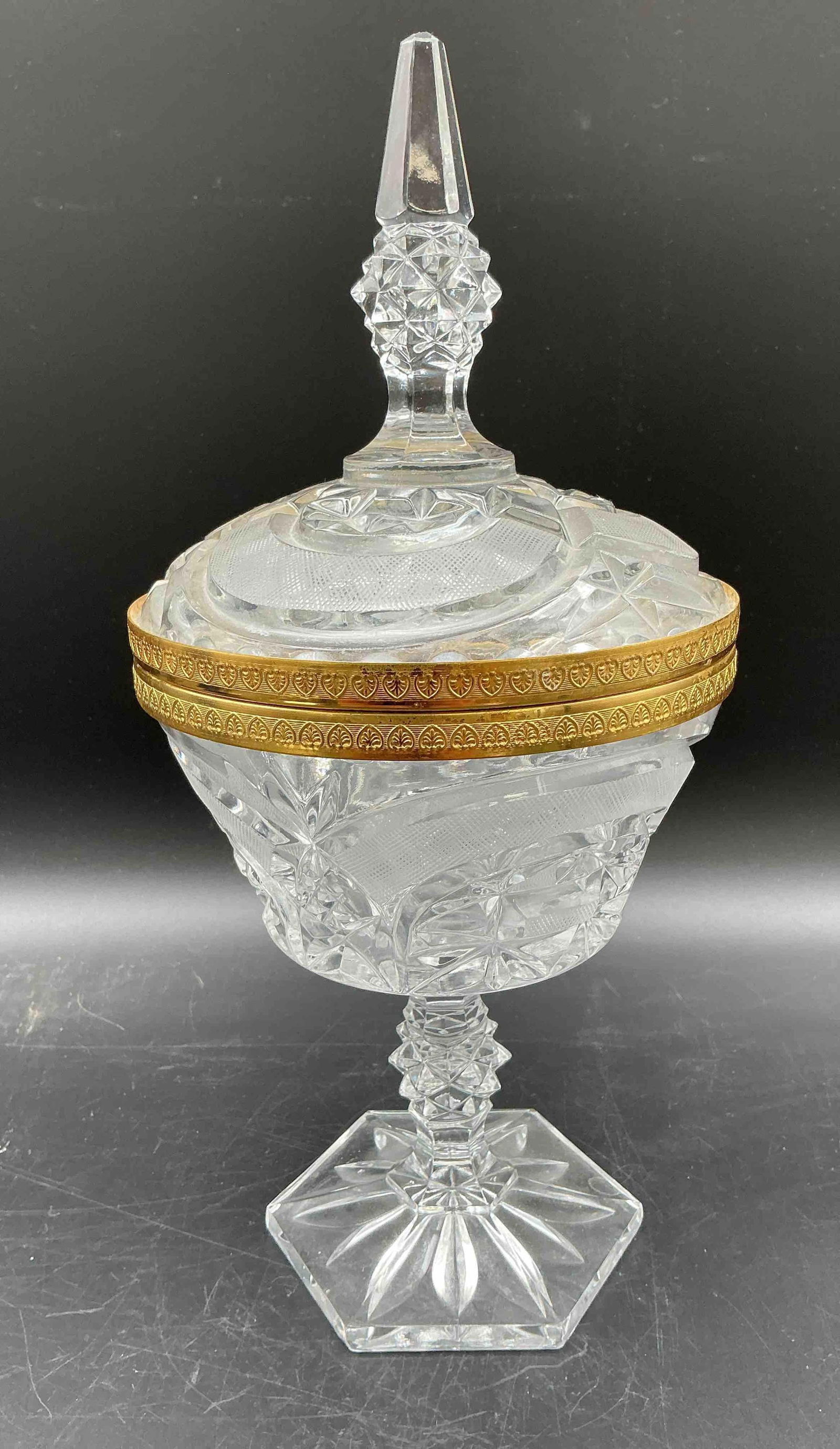 Tall Cut Crystal Covered Compote with Brass Banding (1 of 9)