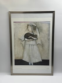 G. Podo Boulanger Painting, Child with Cat, 1980