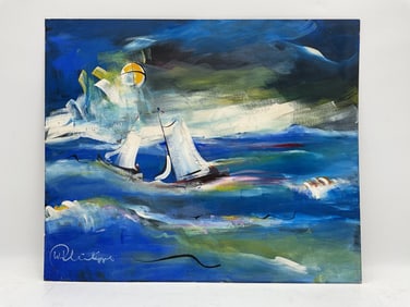 Abstract Seascape with Sailboats, Signed W. Phillips