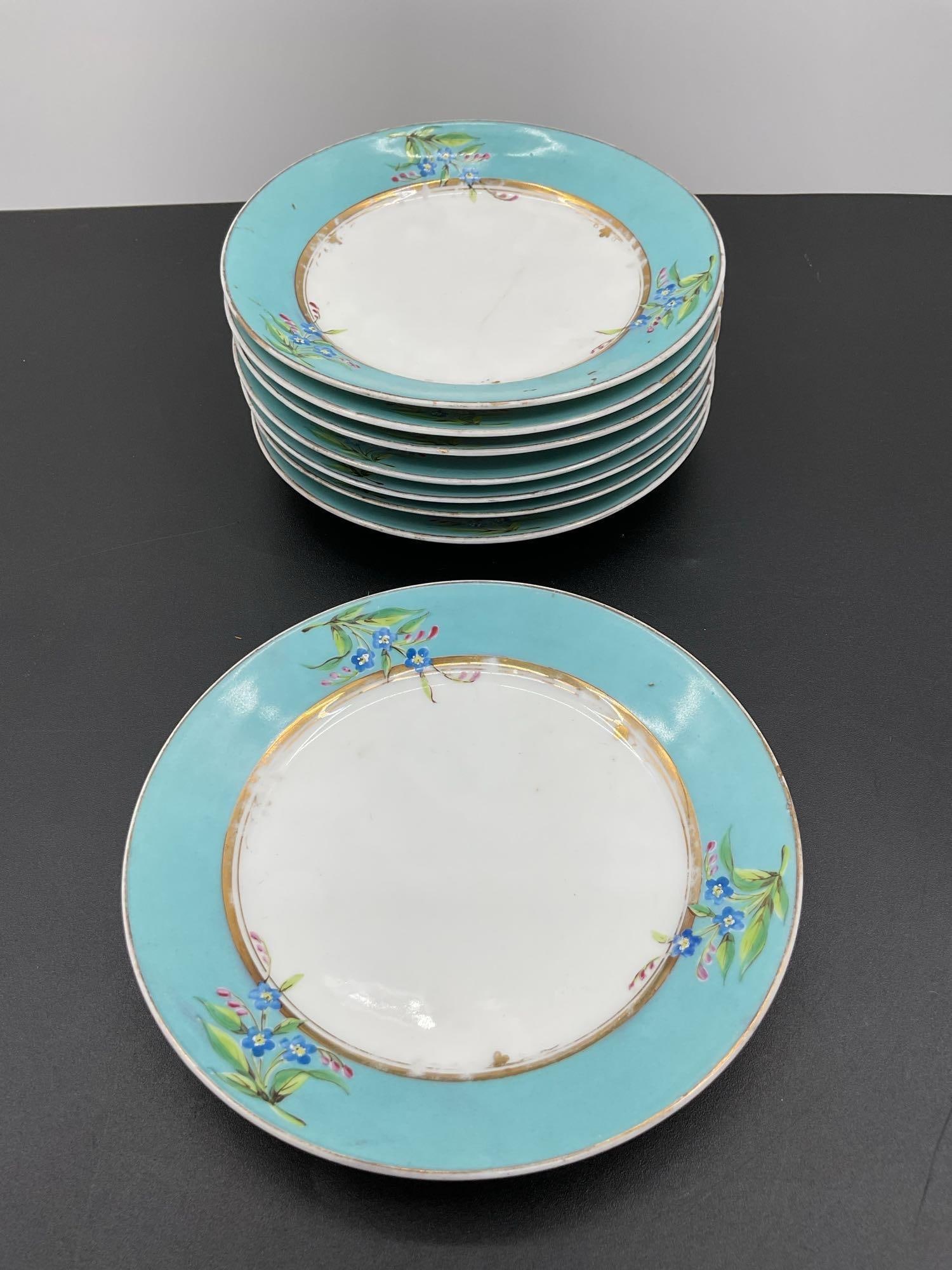 Set of 8 Vintage Porcelain Plates with Blue Floral Border (1 of 3)