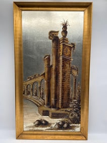 Vintage Italian Reverse Glass Painting of Roman Ruins Signed R. Rossi