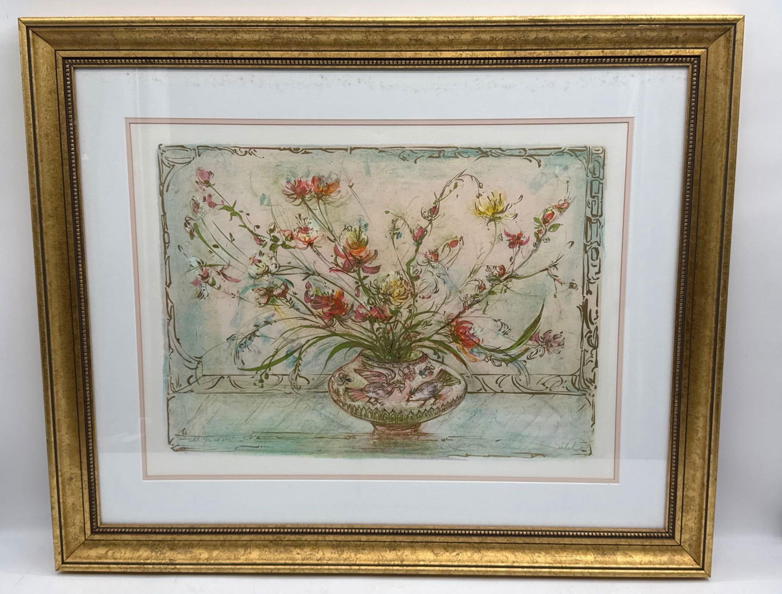 Edna Hibel Floral Still Life Painting: Softly rendered floral arrangement by Edna Hibel, showcasing her signature romantic style with delicate color blending and fine detail. Likely depicts a bouquet in an ornate vase with gentle pastel hu