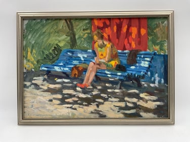 Impressionist Style Painting of Woman on Bench