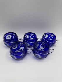 Set of Five Bohemian Moser Style Cobalt Cut Glass Mugs