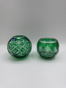 Two Emerald Green Cut Crystal Vases
