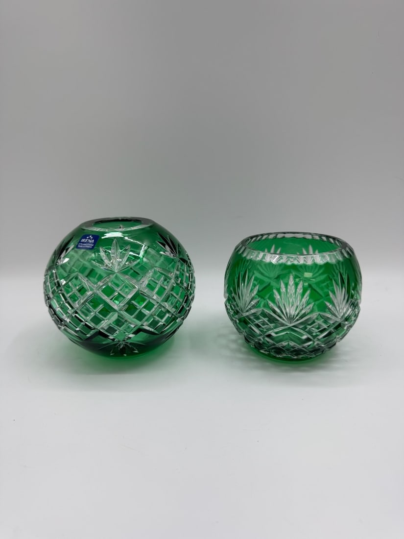 Two Emerald Green Cut Crystal Vases (1 of 3)