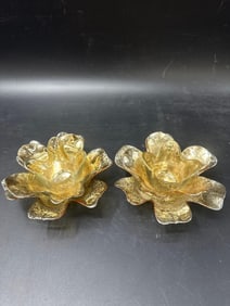Pair of Murano-Style Glass Lotus Candleholders and Bowl