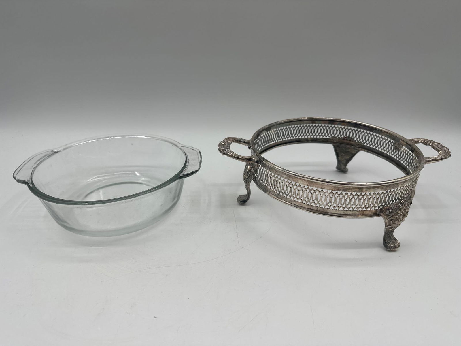 Glass Baking Dish with Ornate Silverplate Stand (1 of 4)