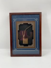 Framed Antique Asian Opium Pipe with Etched Canister