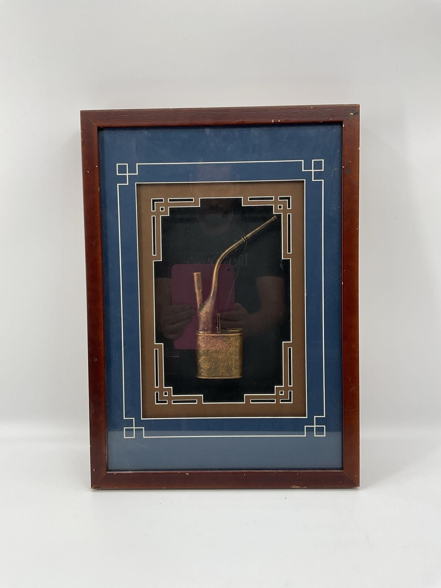 Framed Antique Asian Opium Pipe with Etched Canister (1 of 3)