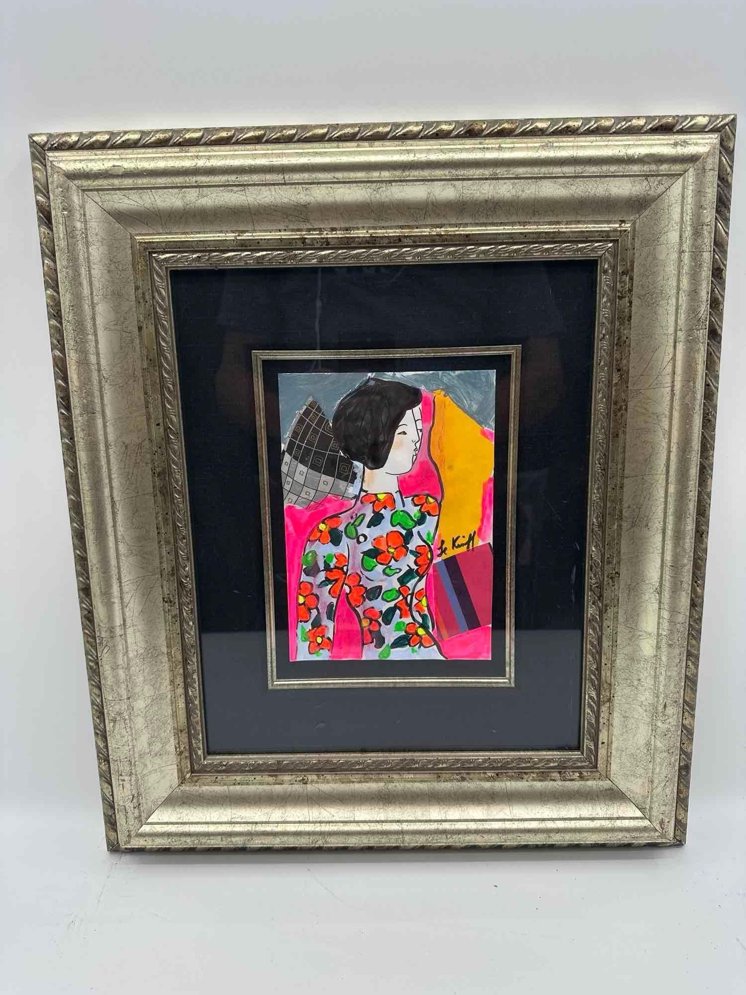 Linda Le Kinff (France, b.1949) Mixed media: Description: A vibrant and expressive portrait of a woman rendered in Le Kinff’s signature bold style, featuring strong color contrasts and flowing lines. Medium: Mixed media on pap