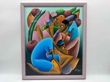 "One man and Two woman" by Sanon Bereau (Haitian) Oil on Canvas with Paperwork