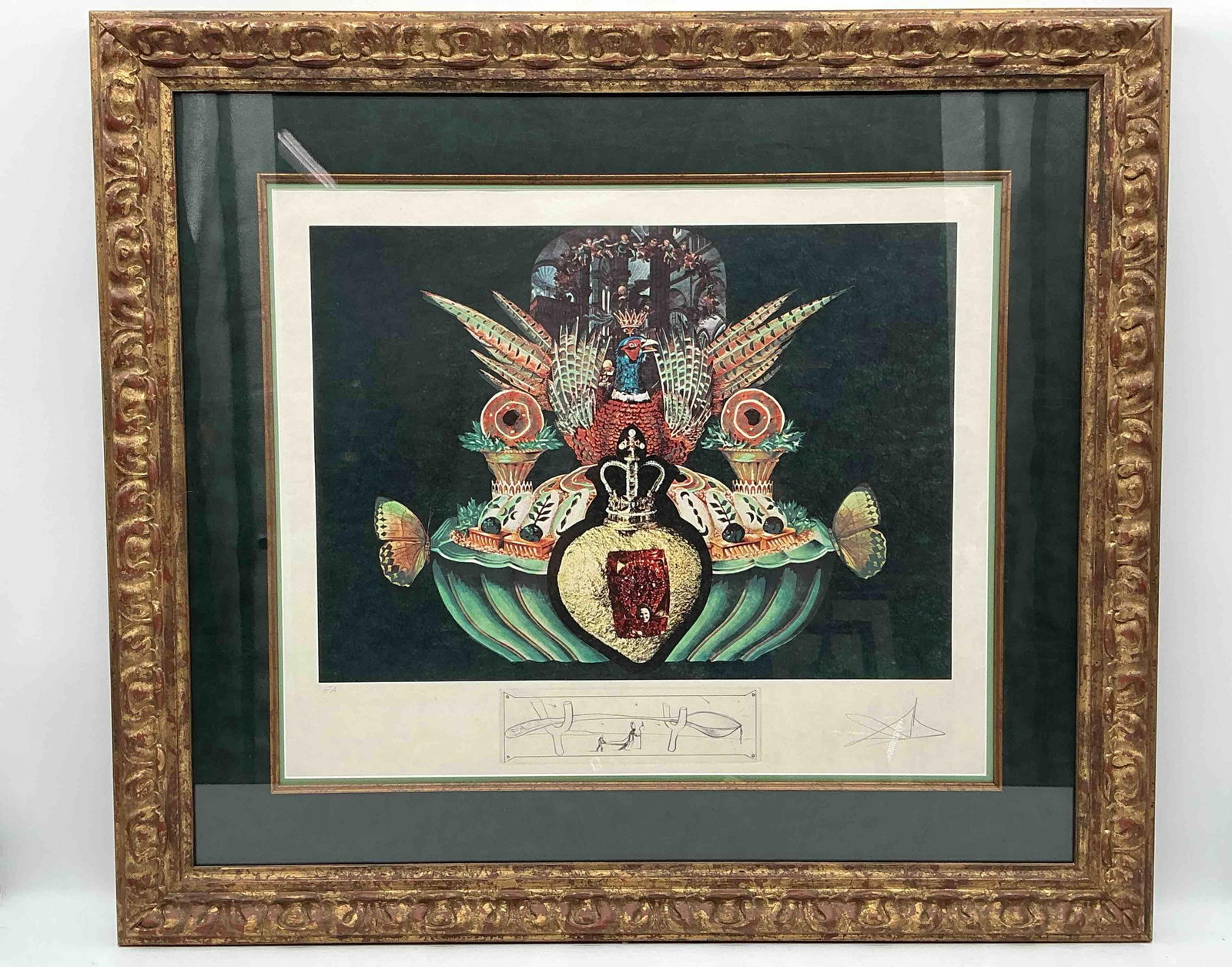 "Les Chairs Monarchiques" by Salvador Dali (Spain, 1904-1989) Etching: Titled "Les Chairs Monarchiques" by Salvador Dali from the Diners De Gala Suite. Pencil signed and labeled E.A. Comes with evaluation from Dali Galleries for $7950. Medium: Photolith + remarque etchin