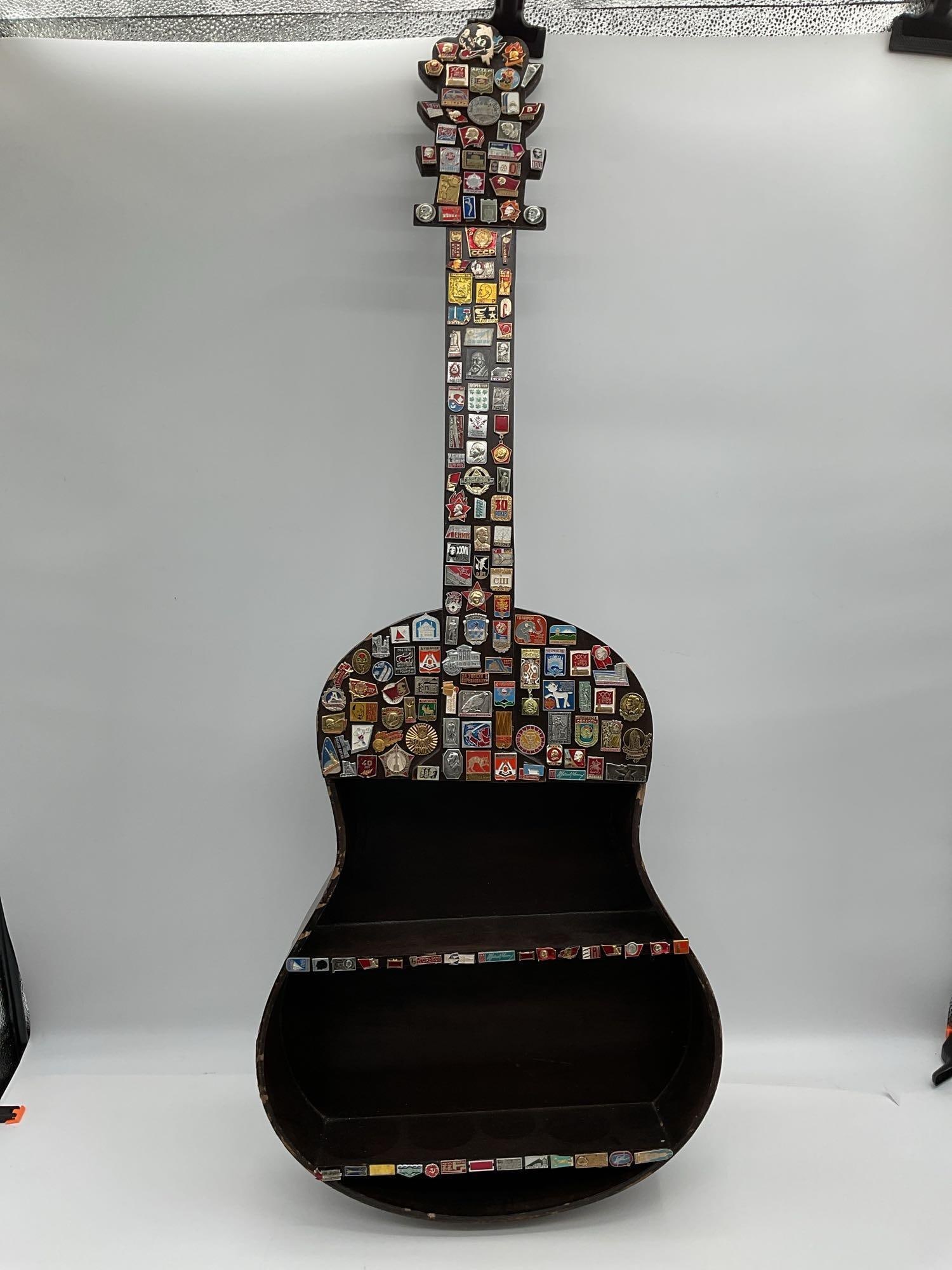 Guitar-Shaped Wooden Display with Soviet Lapel Pin Collection (1 of 4)