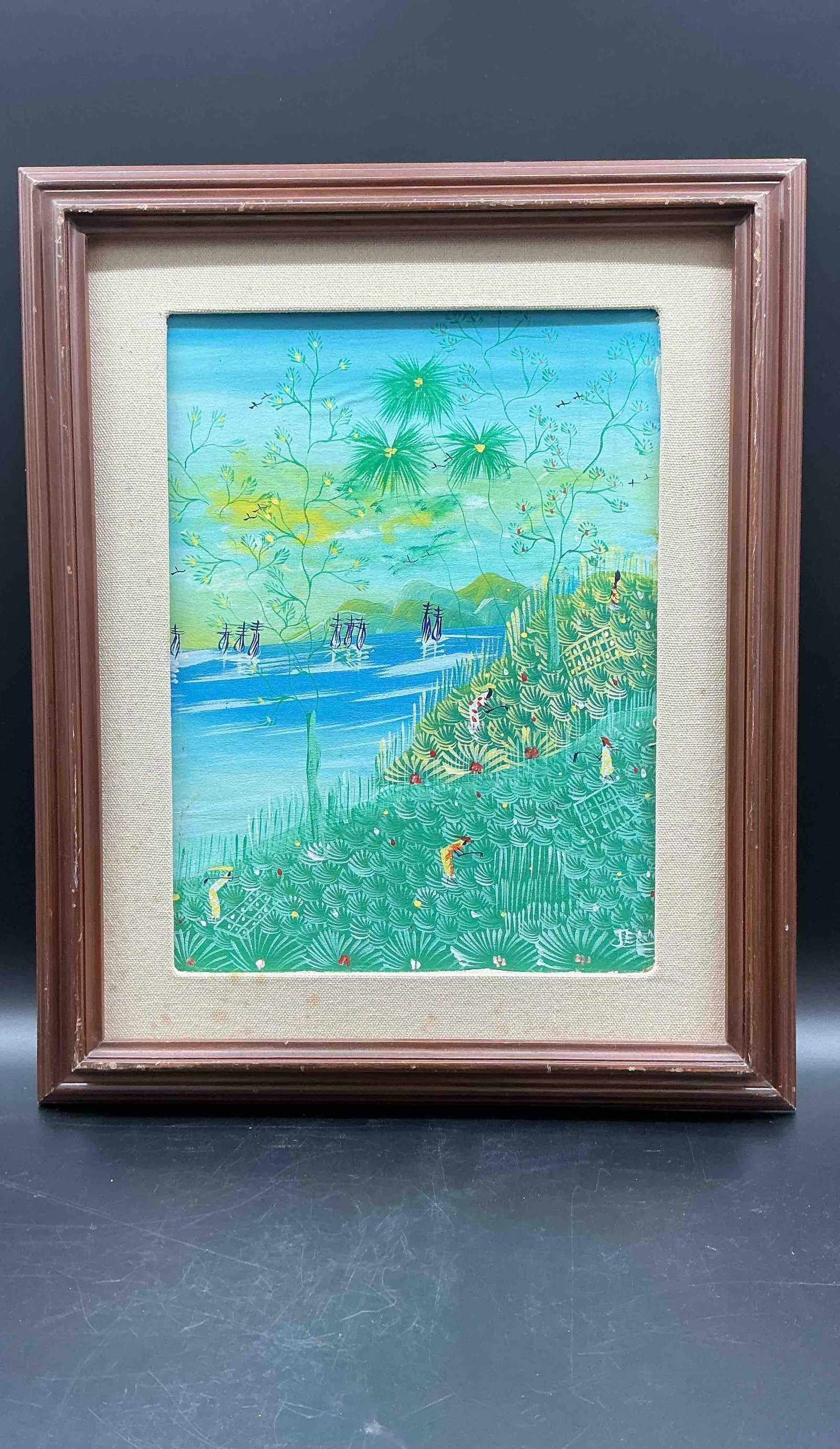 Hillside by the Bay by Jean: Artist: Jean Description: Detailed tropical landscape depicting a lush hillside with figures gathering among patterned foliage, overlooking calm waters with sailboats and distant mountains. Signe