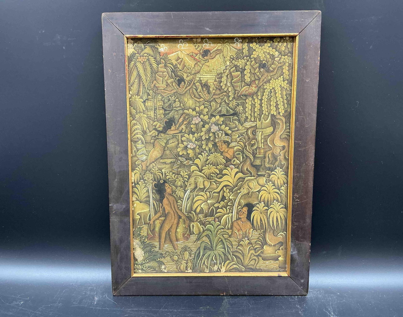 Balinese Jungle Bathing Scene by I. M. D. Maja: Artist: I. M. D. Maja Description: Intricately detailed painting depicting women bathing among jungle foliage and temple-like structures, with animal motifs and traditional Balinese elements