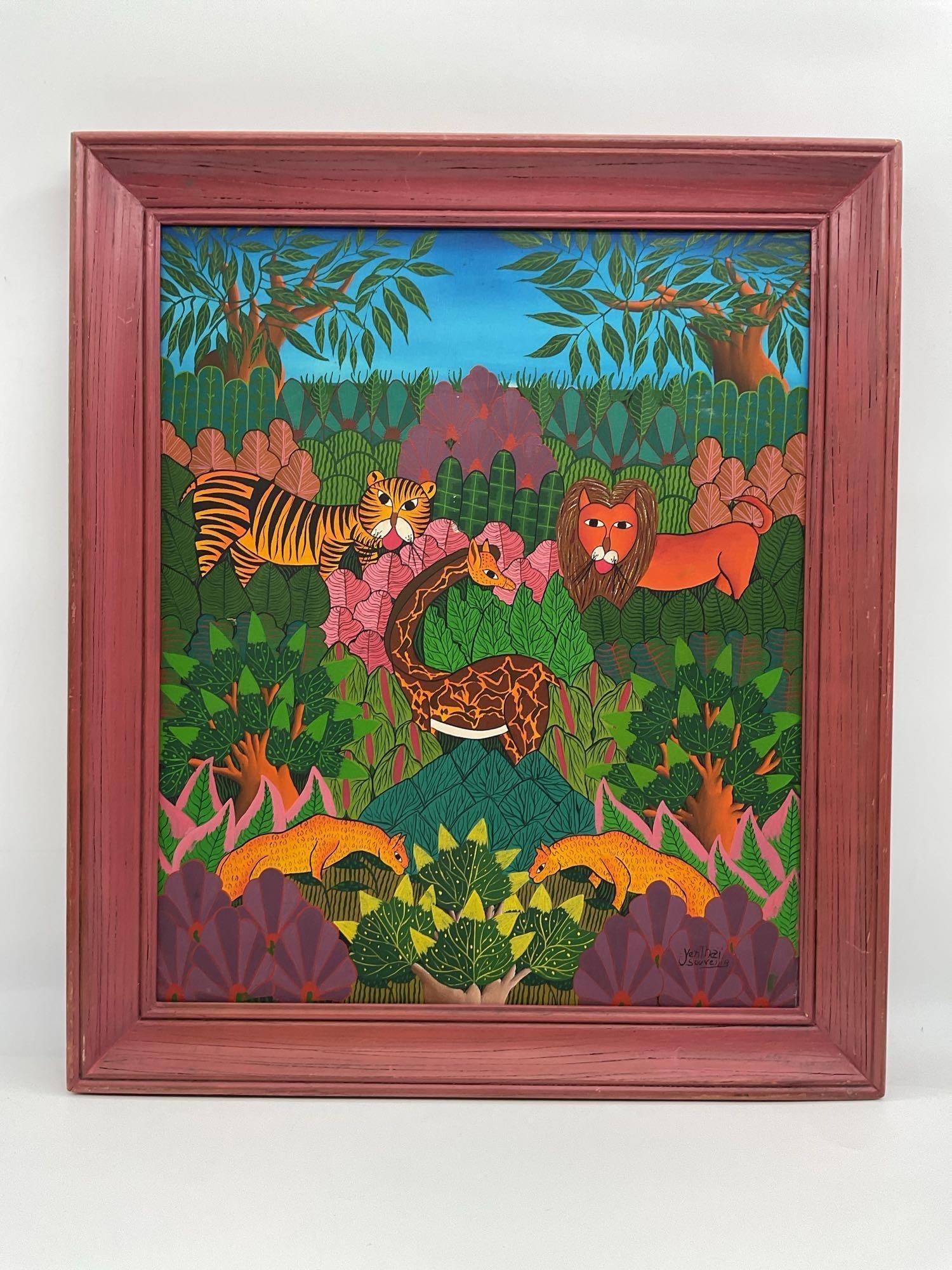 Colorful Jungle Animals by "Jean" Yen Thaï Souvenir: Artist: Jean Yen Thaï Souvenir Description: Bright and stylized jungle painting featuring a lion, tiger, giraffe, leopards, and lush plant life. The symmetrical composition and bold out