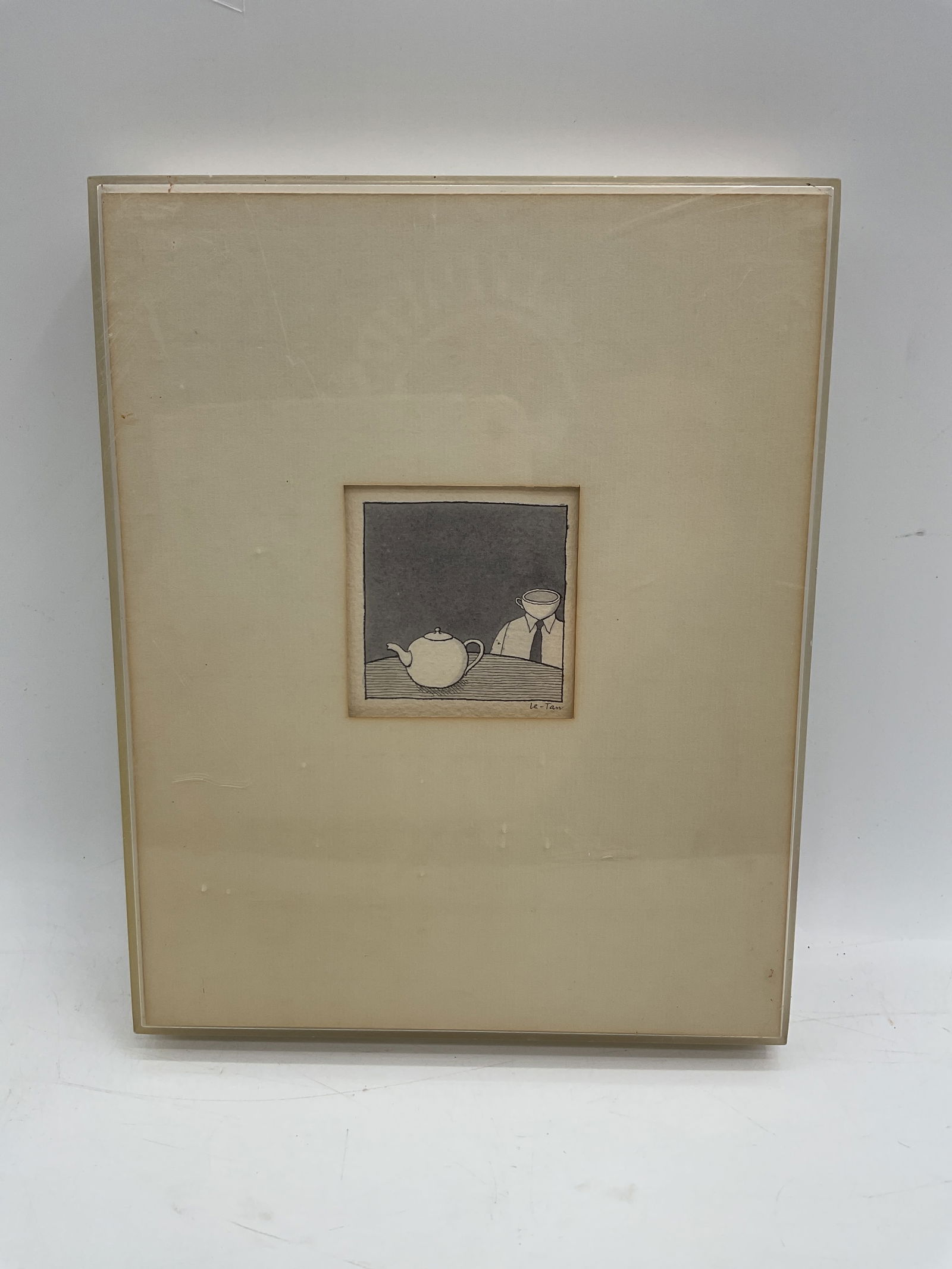 Olympia Le-Tan Illustration of Man with Teapot: Minimalist illustration by Olympia Le-Tan featuring a whimsical surrealist scene of a headless man in a suit beside a teapot. Rendered in the artist’s signature clean, narrative style and matted