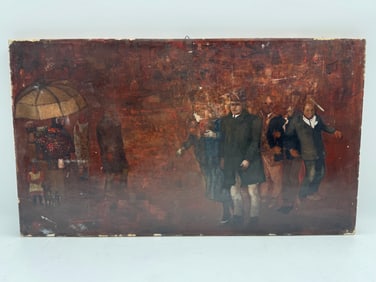 Street Scene with Figures, Oil on Board